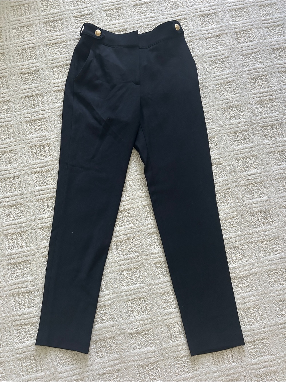 Veronica Beard Black Straight-Leg Pants with Gold Button Detail